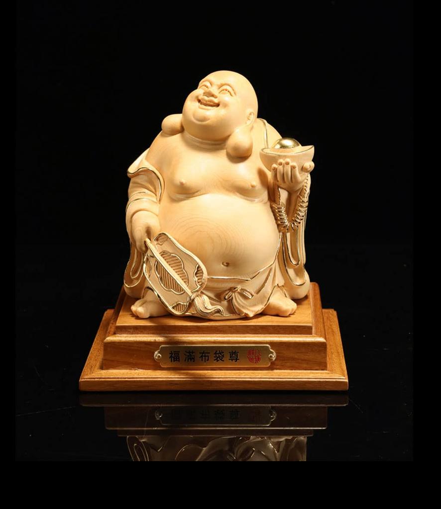 Wooden Buddha Hotei carved cypress wood 15cm x width good luck charm statue, figurine, high-quality (height 11cm),