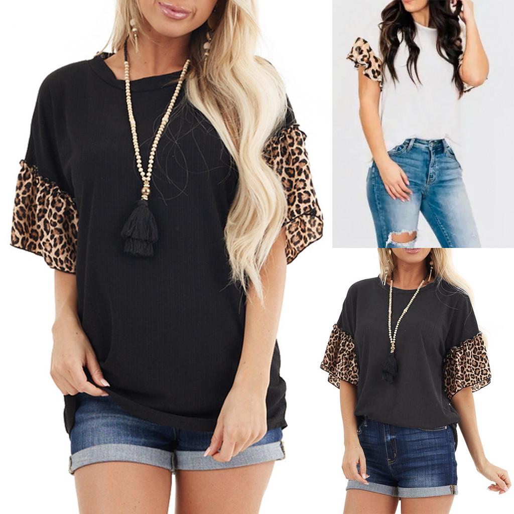 

Women s Leopard Print Splice Short Sleeve Shirts Loose BlousesTops
