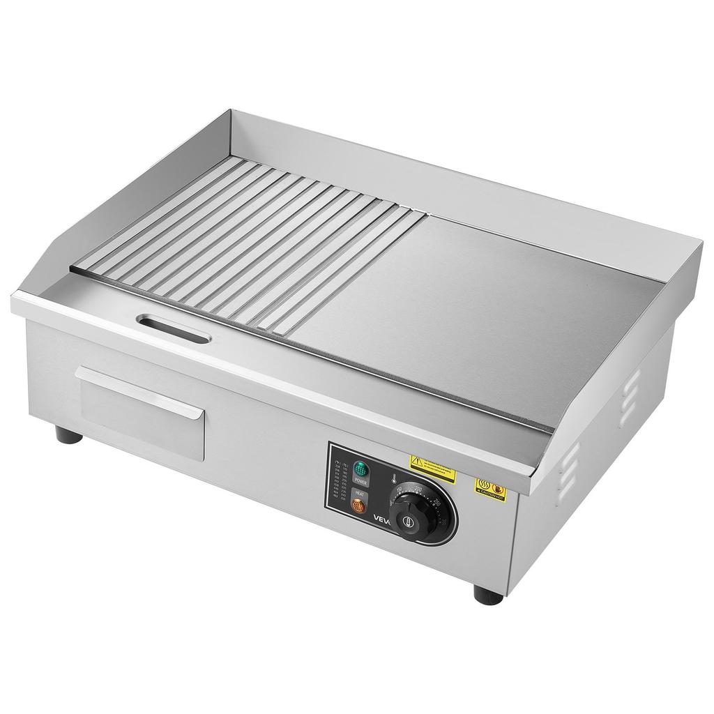 Commercial Electric Griddle, 535 x 300 mm, 3200W, 50-300°C Adjustable Temp Control, Stainless Steel Body, Half Grooved Half Flat, with 2 Spatulas, 2