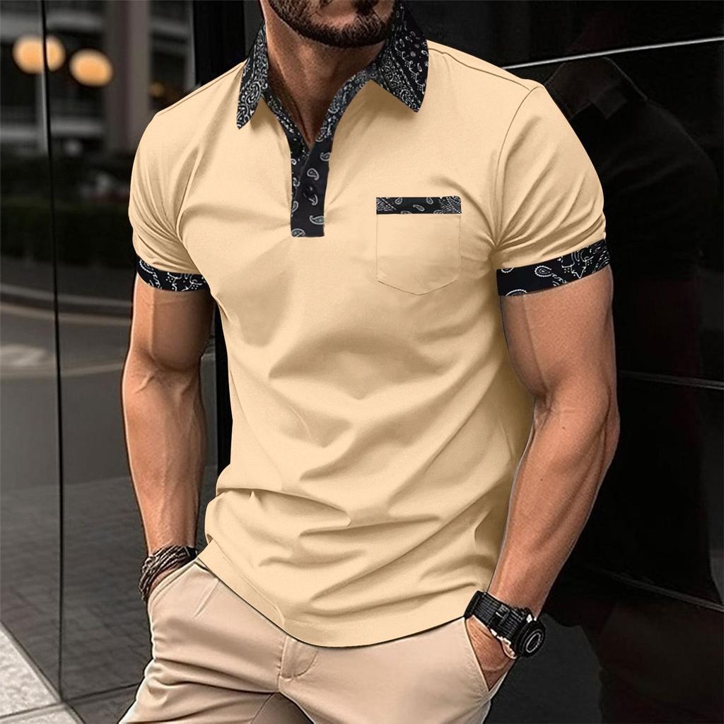 Men's Fashion Collar Print  Loose Polo Shirts Short Sleeve Turn-down  Solid Color Simple T-shirt Top