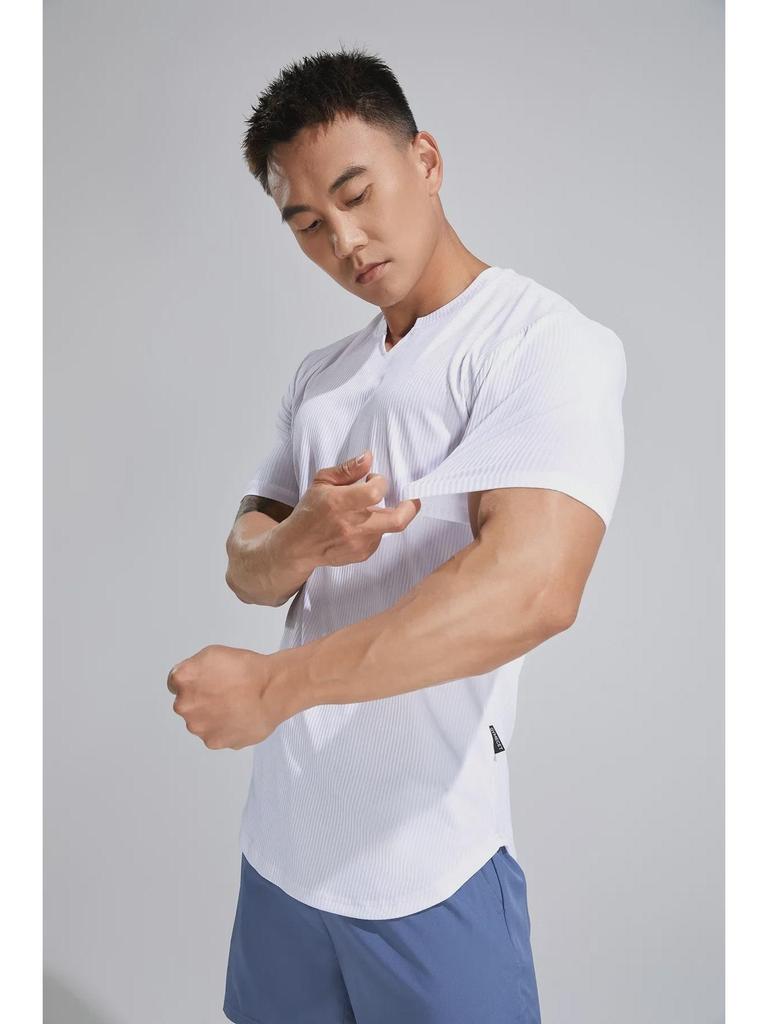 Men's Autumn Fitness Half Tight Short-Sleeve Striped Sports T-Shirt for Basketball & Running