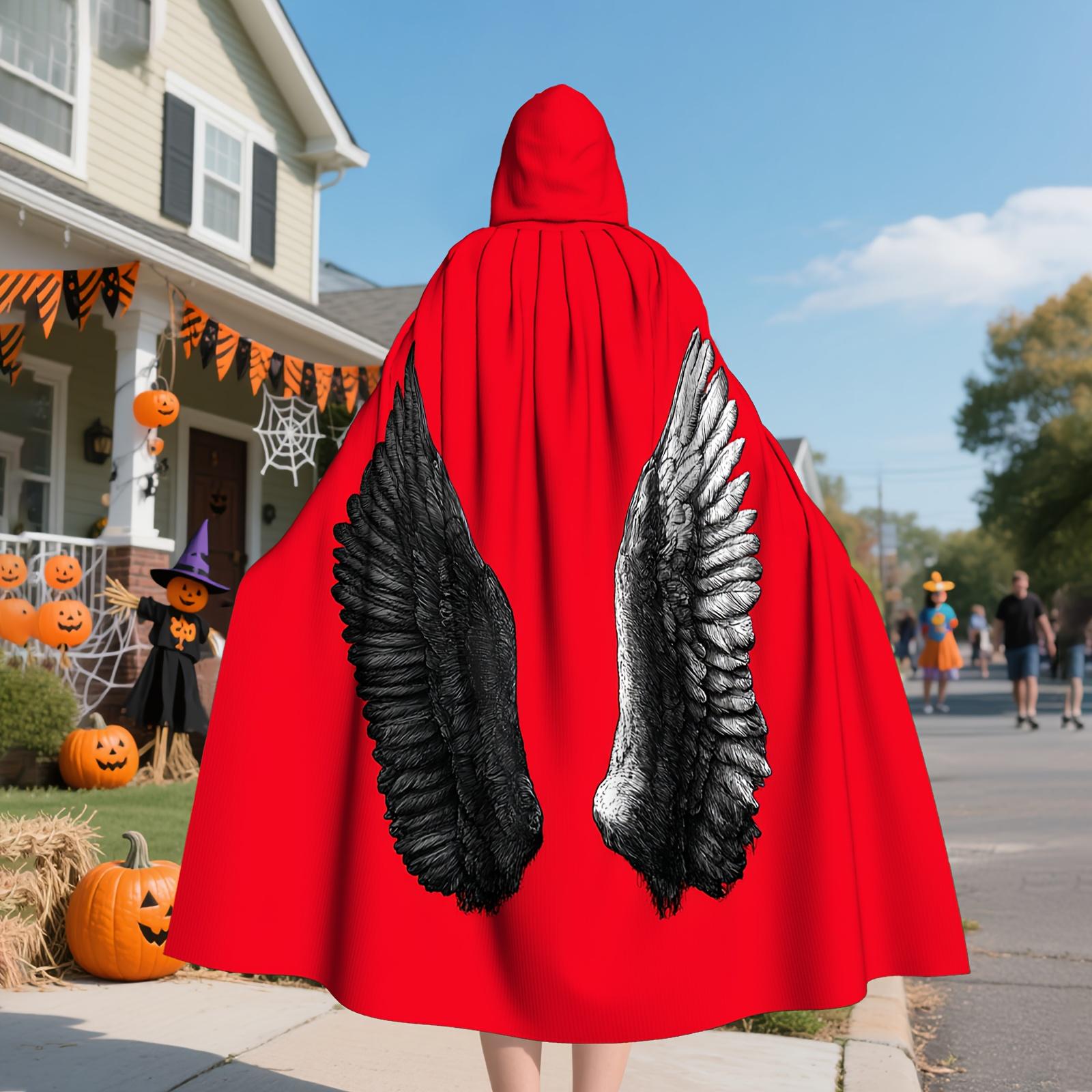 

Унисекс Хэллоуинский плащ с капюшоном и дизайном черных и белых крыльев - Красный текстурированный полиэстеровый плащ для дьявола, ведьмы, волшебника One Size