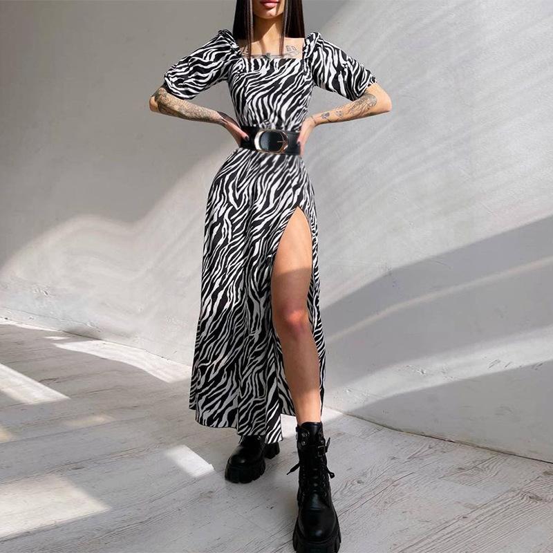 Independent Station European and American Women s Fashion Spring and Summer Sexy Split Zebra Pattern Dress S