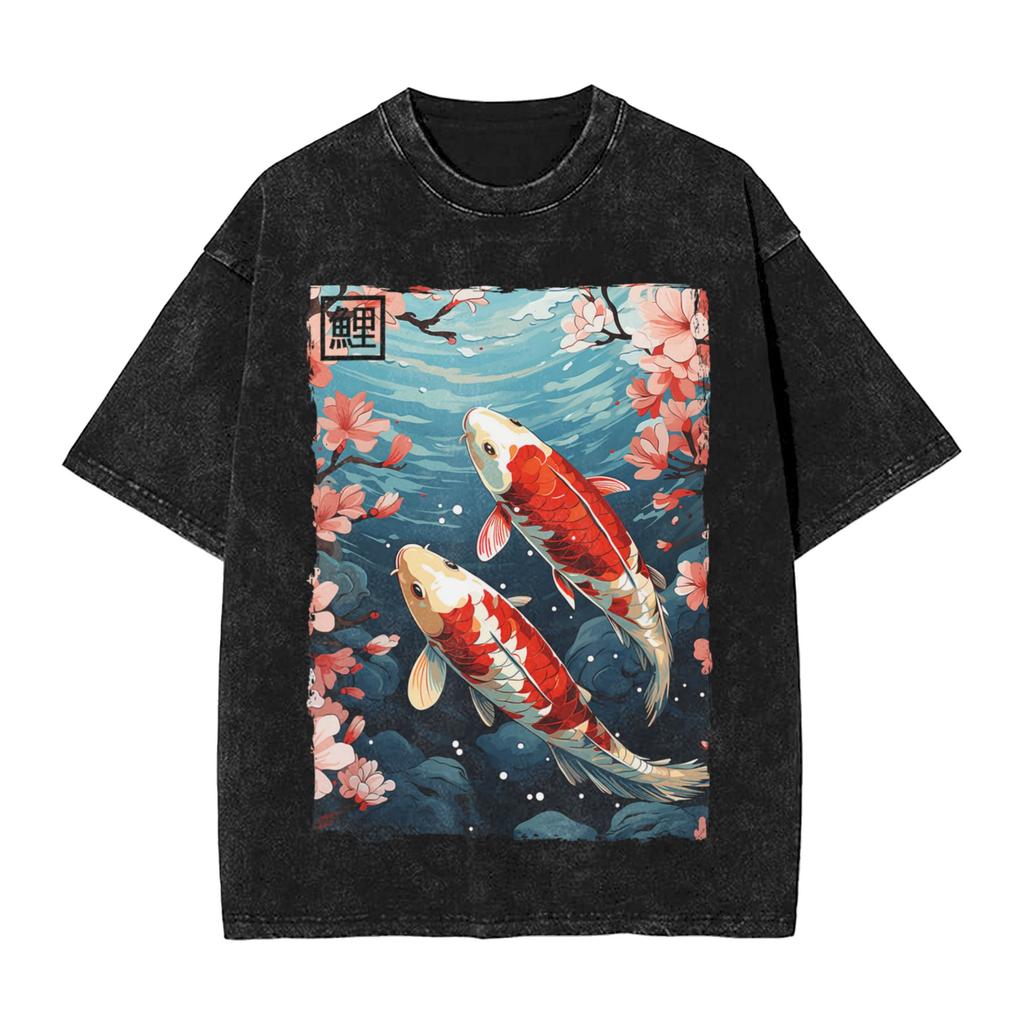 Koi Karpfen Fisch Japanische T-Shirts Gewaschen Kurzarm Harajuku T-Shirts Vintage Herren Damen Streetwear Bedrucktes T-Shirt