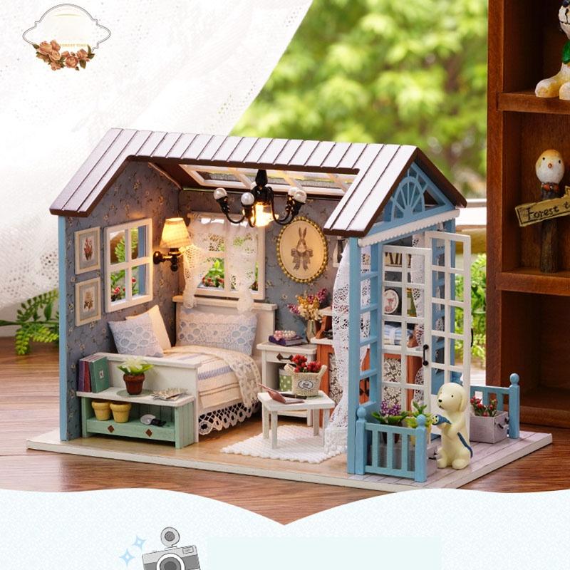Exquisite Doll Miniature Wooden House Studio Kit With Led Lights And Furniture