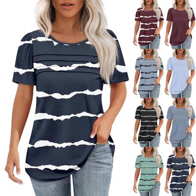 T Shirts For Women Pleated Round Neck Dressy Casual Blouses Printing Short Sleeve Summer Tops Loose Fit
