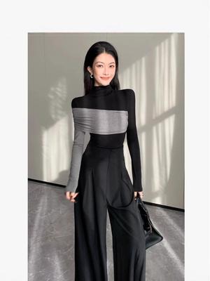 Korean Style Color Block Turtleneck Long Sleeve Women's Top - 2025 Autumn/Winter Collection