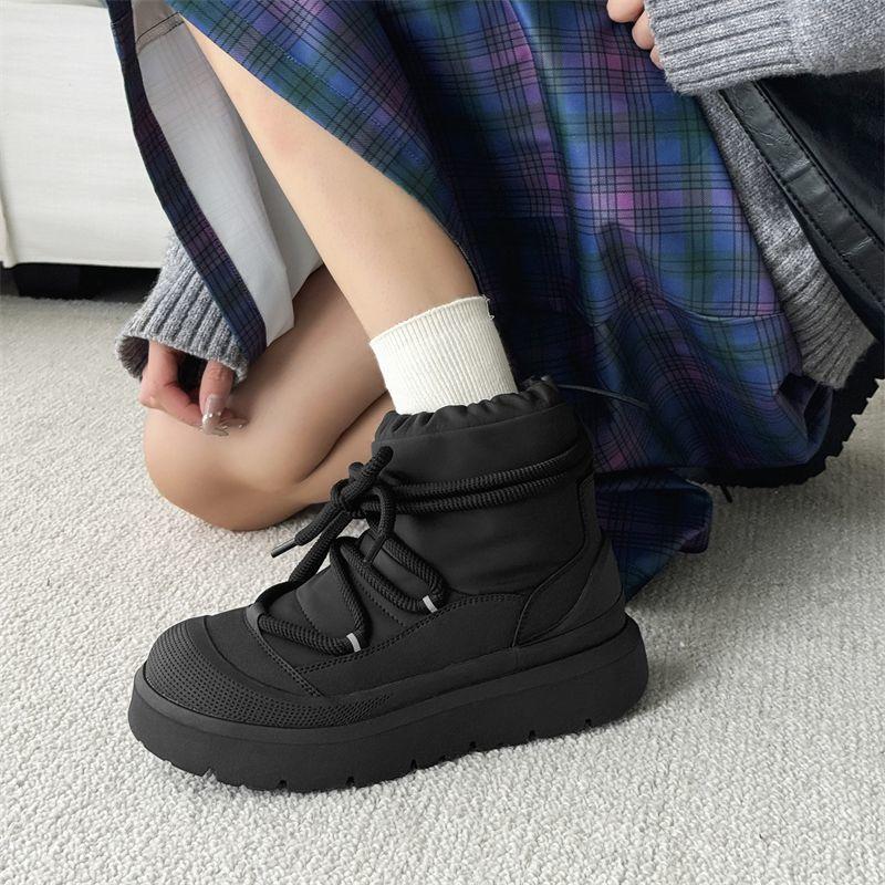 Botas de Neve Estilo Trabalho para Homens Mulheres Mais Lã Quente Botas de Inverno Cano Alto Solado Grosso Cadarço Preto Pelúcia Casal Sapatos de Algodão