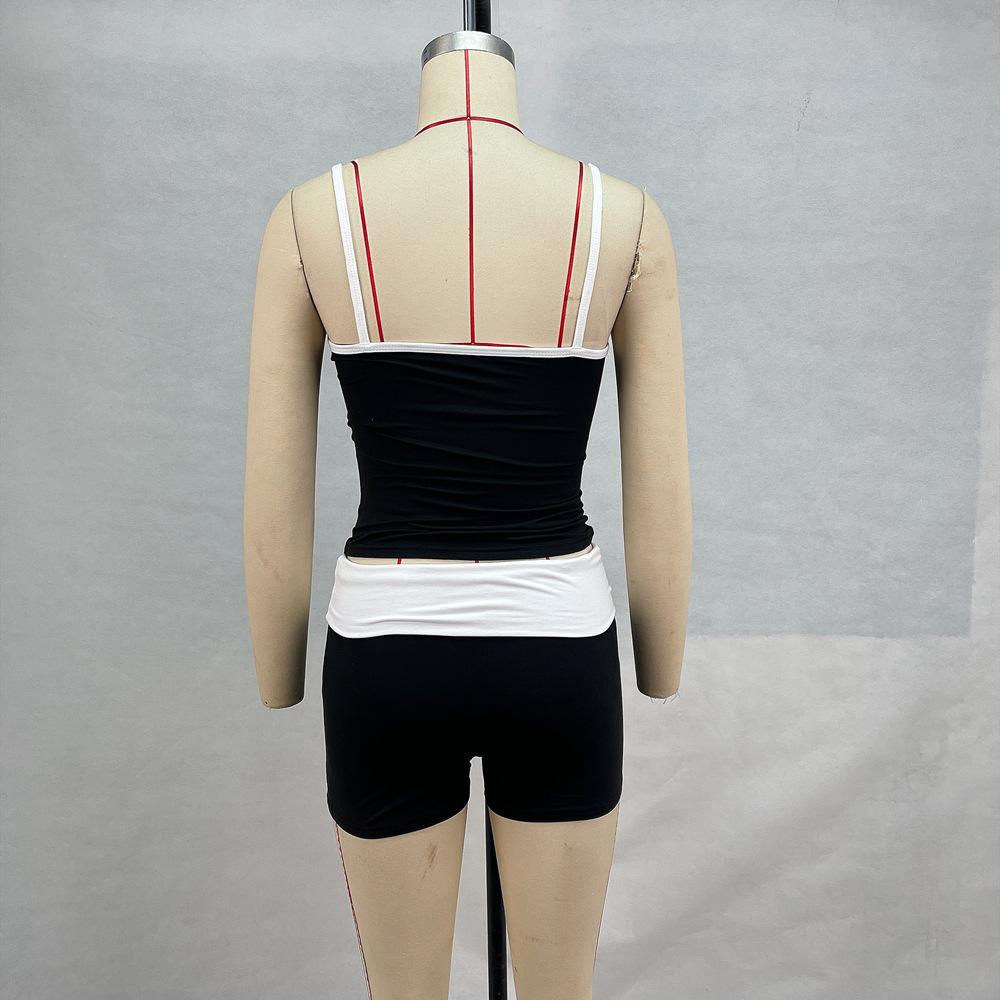 Women's Summer Suspenders Neckline Clashing Top Low Rise Shorts Set