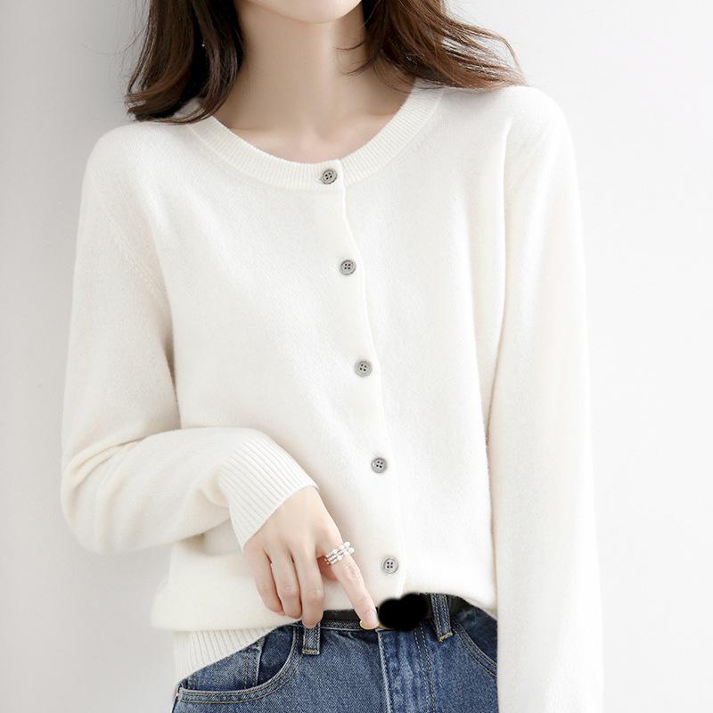 Women Single Breasted Chic Cardigan Fashion Solid Color Long Sleeve Round Neck Autumn Winter Sweater Casual Office Lady Jumpers