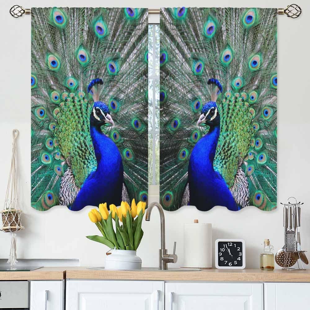 

Peacock Kitchen Curtains Bird Green Feather Nature Beautiful Short Tier Bathroom Cafe Small Window Drapes Treatment Made Of Polyester W100*H70(CM)-Grommet top&1PCS