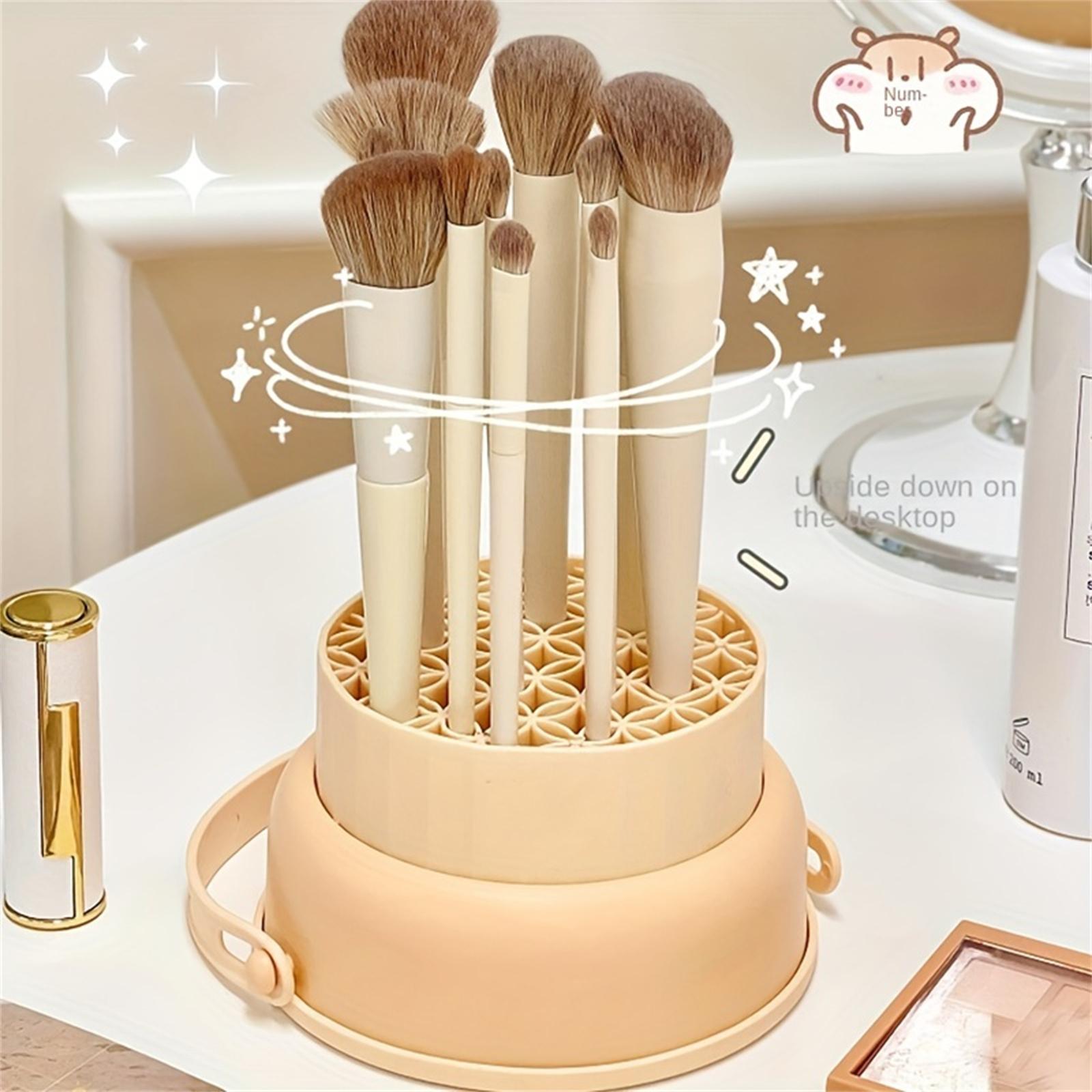 

Стойка для сушки кистей для макияжа с чистящим средством, чаша для мытья косметических кистей, моечная машина для губок для макияжа и корзина для сушки светло-бежевый
