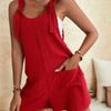 Women Summer Jumpsuit Casual Sleeveless Short Overalls Strappy Romper Simple Loose Fit Solid Color with Pockets for Office Streetwear Travel Beach