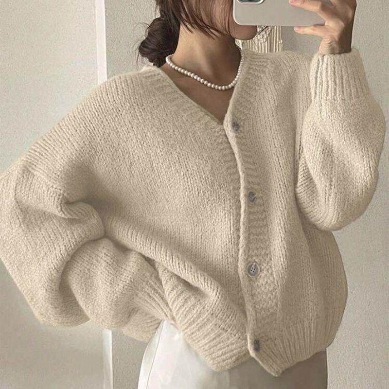 Knitted Cardigan for Women 2025 Autumn and Winter New Style Casual Loose V Neck Lantern Sleeve Knitted Sweater Top Pullover Sweater for Women