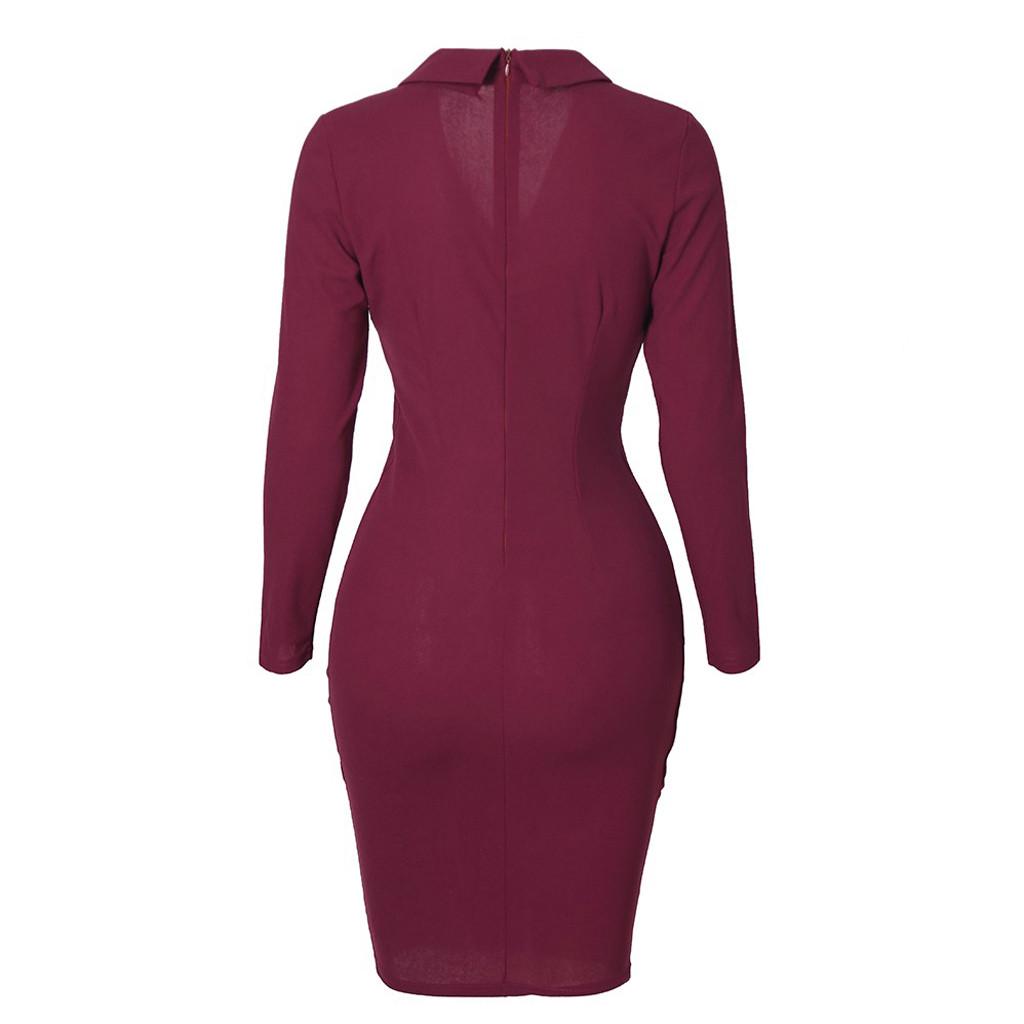 Women Solid Turn Down Neck Long Sleeve Casaul Work Formal Dress