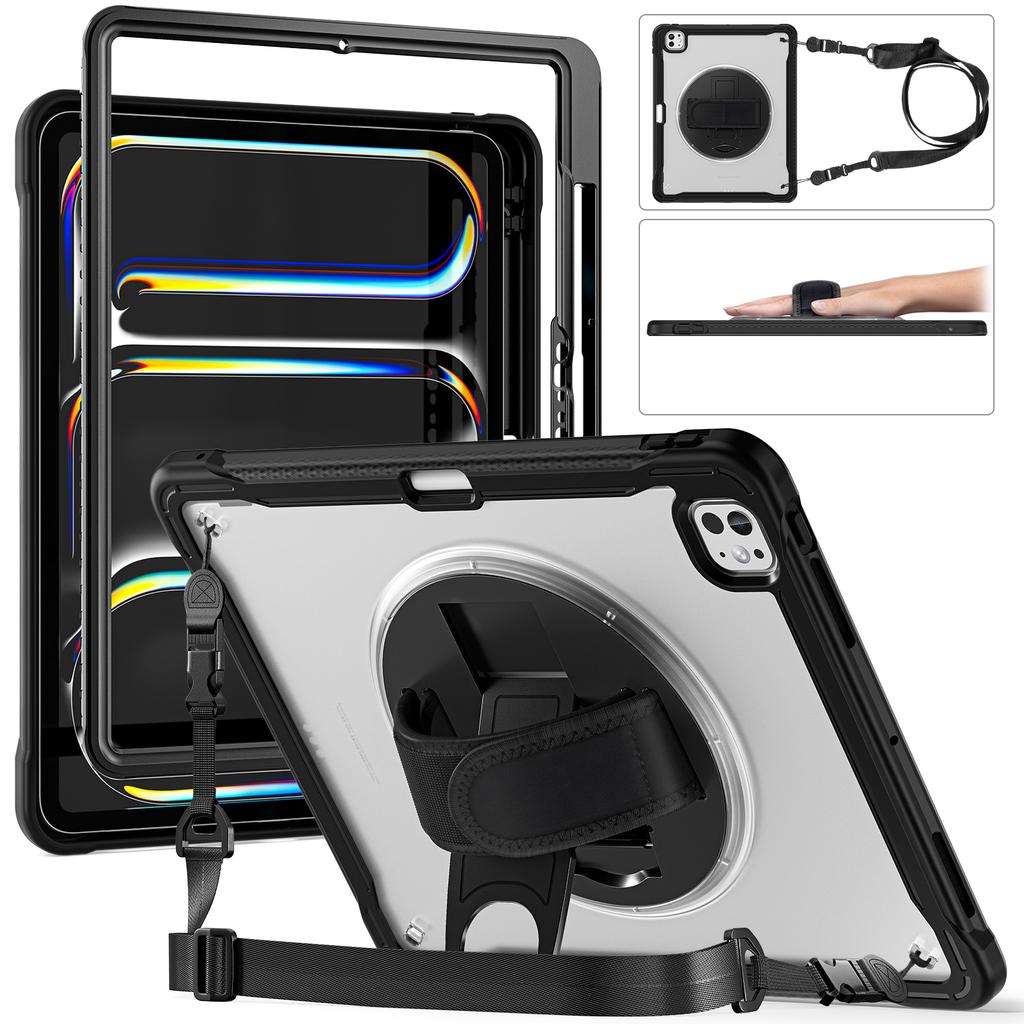 For iPad Pro 13 (2025)/(2024) Case Hand Strap Kickstand PC+TPU+Silicone Cover with Shoulder Strap