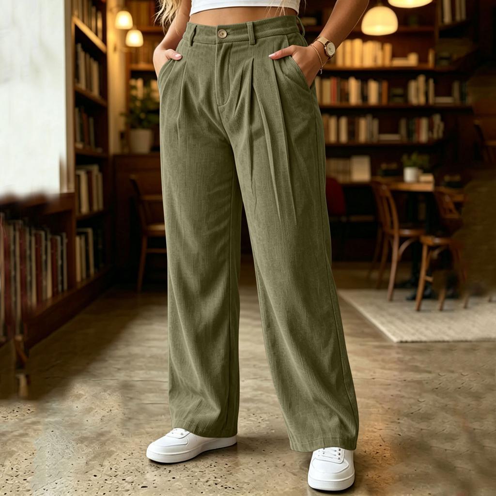 Women's High Waist Loose Fit Wide Leg Corduroy Cargo Pants with Pockets