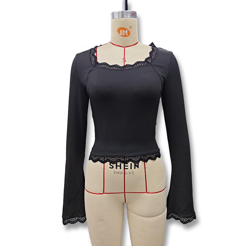 T-shirt da Donna 2025 Stile Europeo & Americano con Bordi in Pizzo, Manica Lunga, Autunnale, Snellente, alla Moda