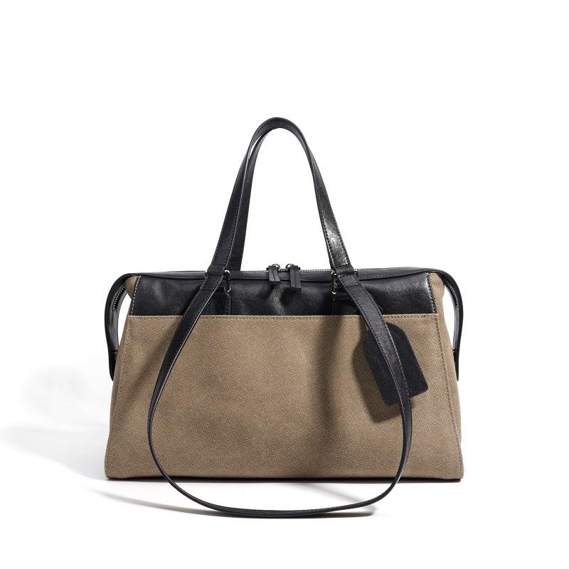 Large capacity oblique span women's bag new canvas and cowhide niche underarm shoulder bag fashionable versatile commuter handbag