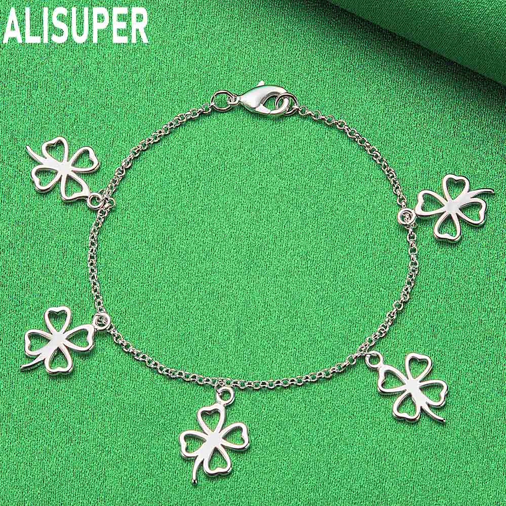 925 Sterling Silver Four-Leaf Clover Side Chain Exquisite Bracelet Gift Jewelry