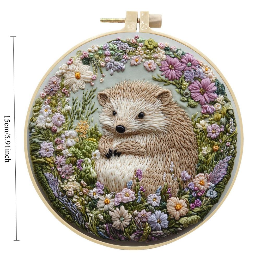1pc Hedgehog and Flower Pattern Embroidery DIY Fabric Craft Kit with Tools