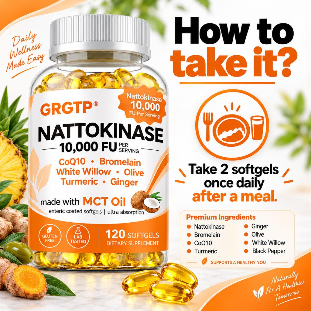 Plant-Derived Enzyme Complex Capsules, Nattokinase 10,000 FU, Coenzyme Q10, Bromelain, Olive & Turmeric Blend, Nutritional Supplement