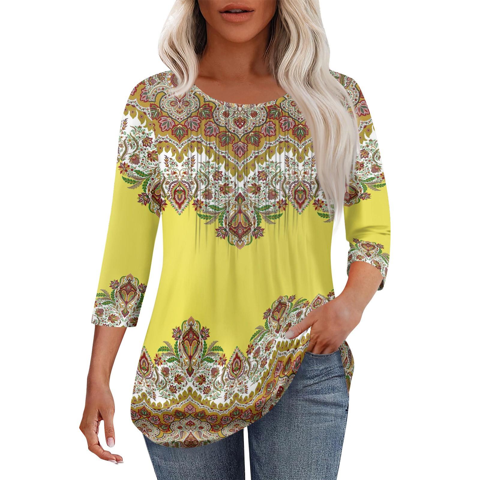 

Женская модная повседневная плиссированная футболка с круглым вырезом и рукавами три четверти с повседневным цветочным принтом XL жёлтый