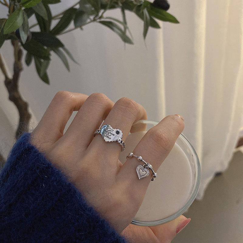 Korean S925 Retro Love Heart Pendant Ring for Women - Simple, Trendy Cold Style Index Finger Accessory