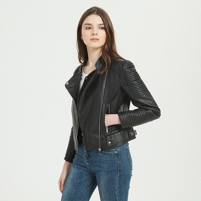 Damen PU-Leder Slim Stehkragenjacke - Europäischer/Amerikanischer Motorradstil, Erhältlich in verschiedenen Größen, Trendig und Pendlertauglich.