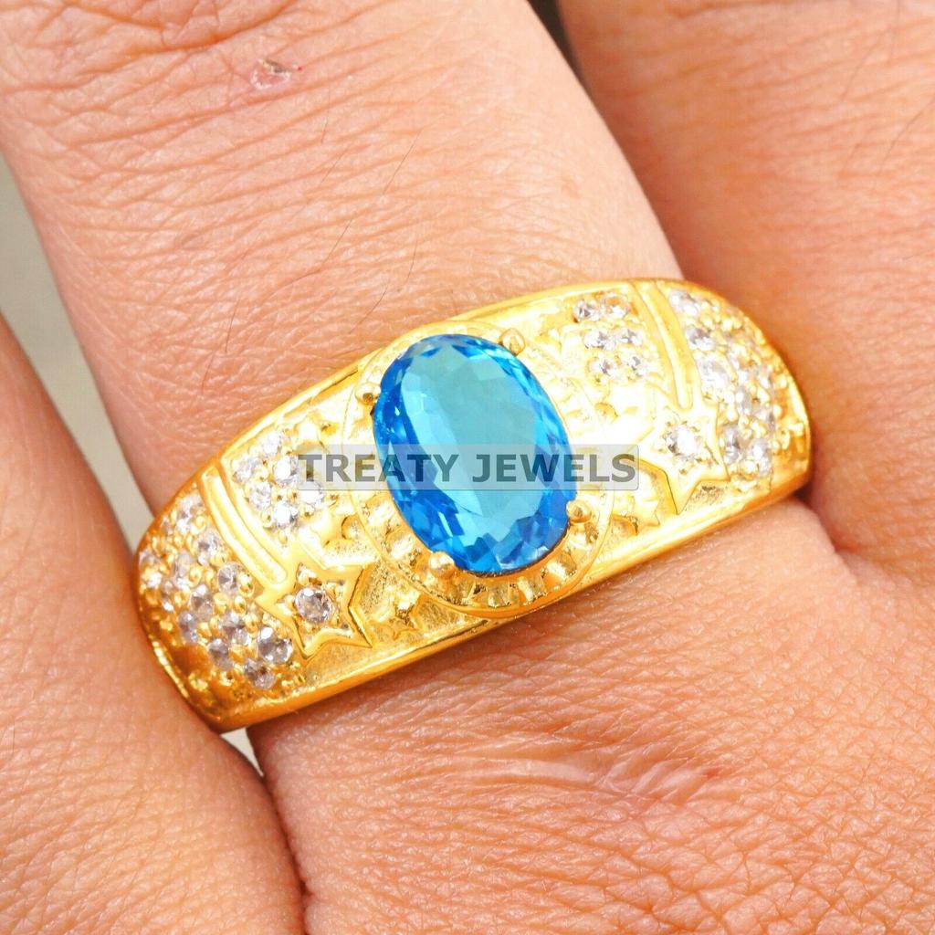 Blue Topaz Oval Cut With 925 Sterling Silver Gold Plated Ring For Men's #A906 JL375669079534