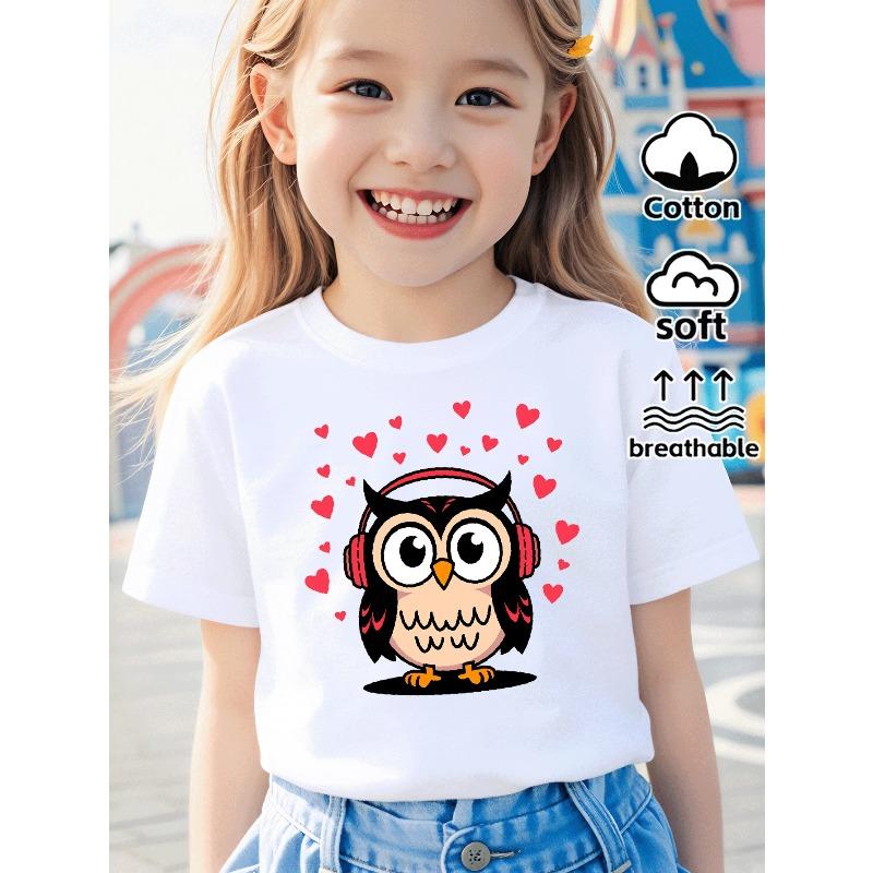 European sizes Cute Owl with Headphones And Hearts Teen Girls Casual Tee - Trendy Soft Breathable T-Shirt for Casual Attire