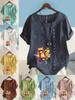 Damen Mode Cool Cat Print Rundhals Kurzarm T-Shirt Lässig Baumwolle Leinen Grafikshirt Freizeit Locker Sommer Bluse Tops