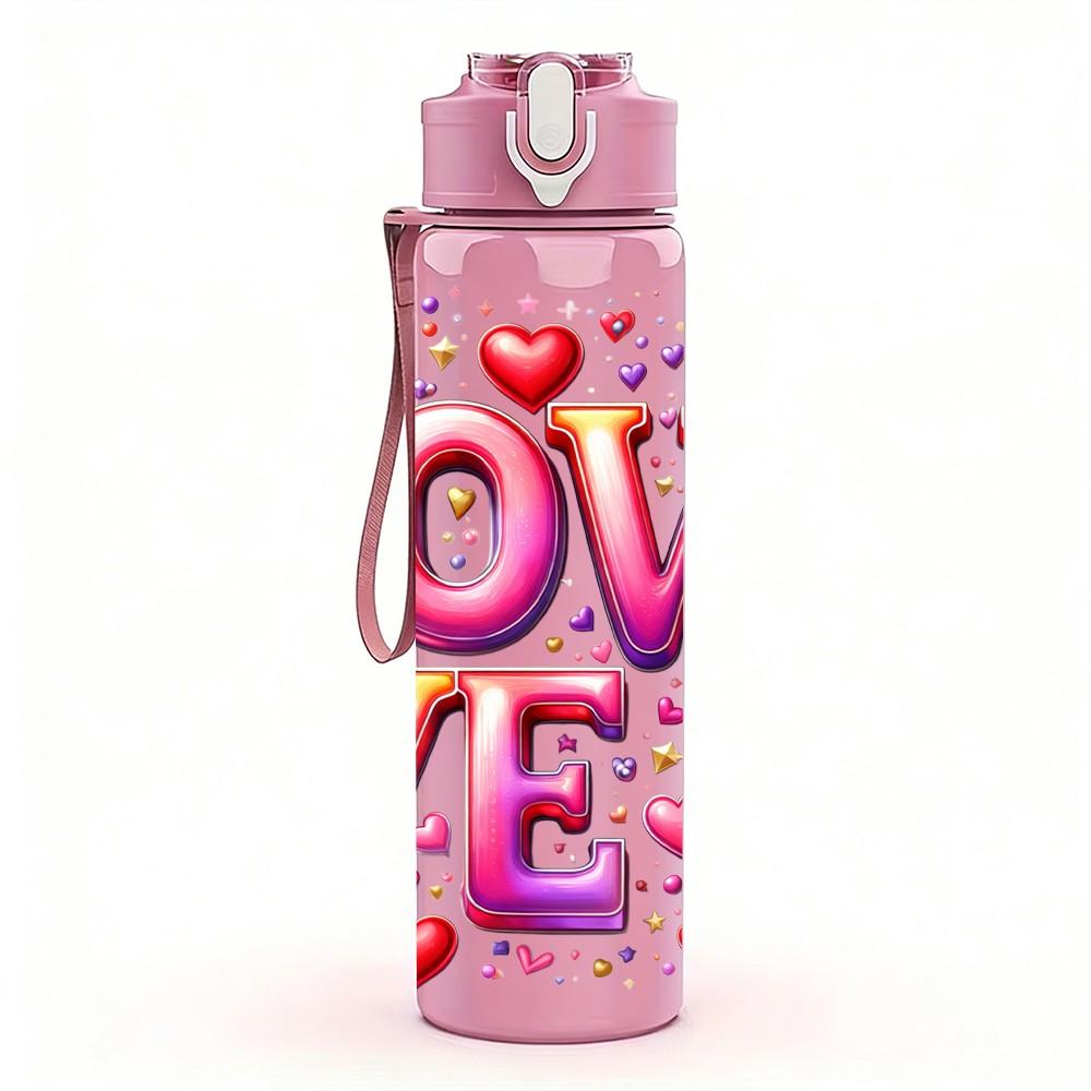 1PC Love Heart Valentine Lettering 750ml Color Plastic Sports Water Bottle Leakproof Flip Straw Lid Suitable for Sports Office Home Use