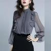 Camisa de Gasa con Cuello Alto para Mujer Moda Primavera y Otoño Sentido de Alta Gama de Volantes Franceses de Manga Larga Camisa Pequeña Top