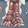 Spring Autumn Women Elegant Blazer Collar Double Breasted Print Office Party Long Maxi Pleated Dresses