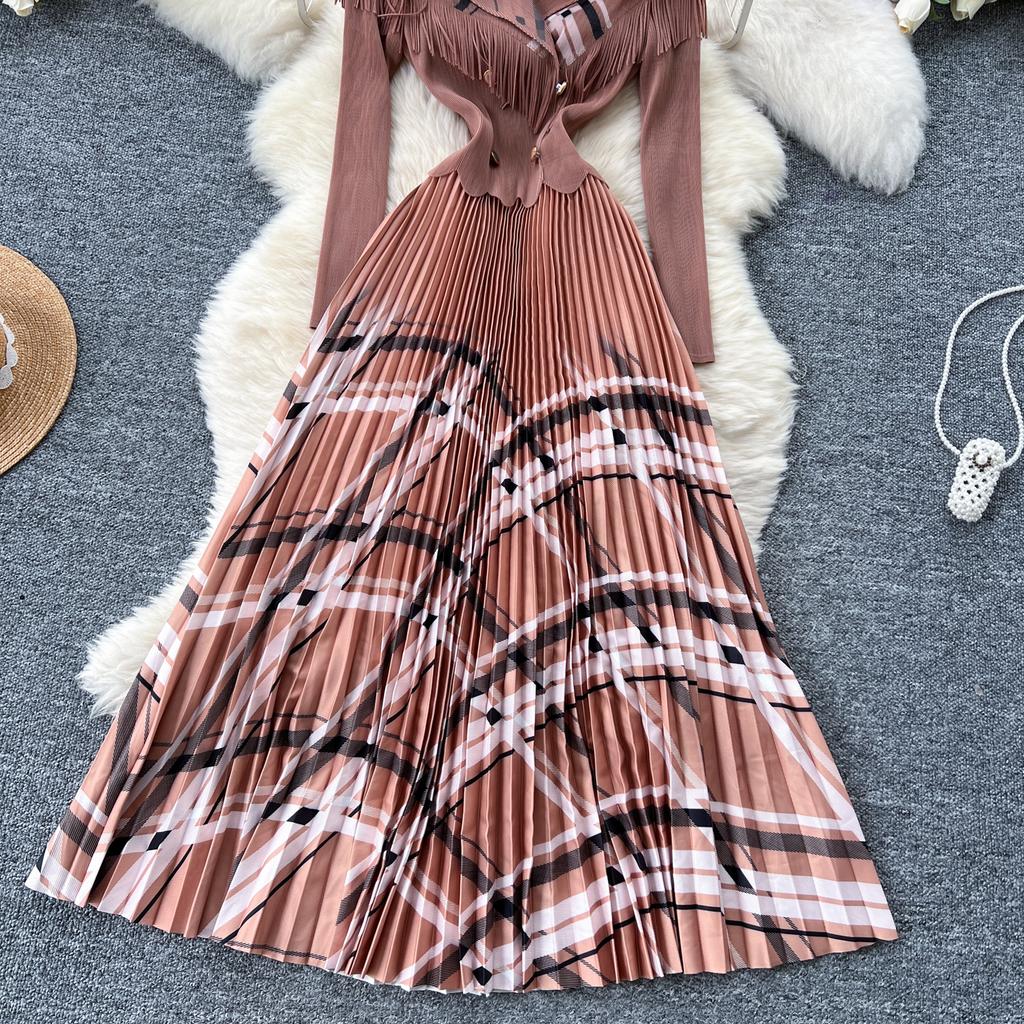 Spring Autumn Women Elegant Blazer Collar Double Breasted Print Office Party Long Maxi Pleated Dresses