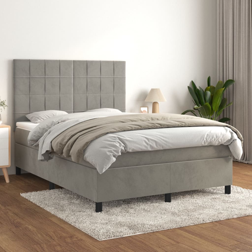 Box Spring Bed with Mattress Light Grey 140 x 190 cm Velvet