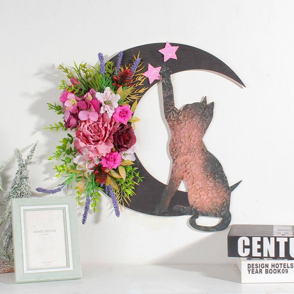 

Plant Vine Halloween Wreaths With Black Cat Hanging Decoration Creative Moon Wreath Party