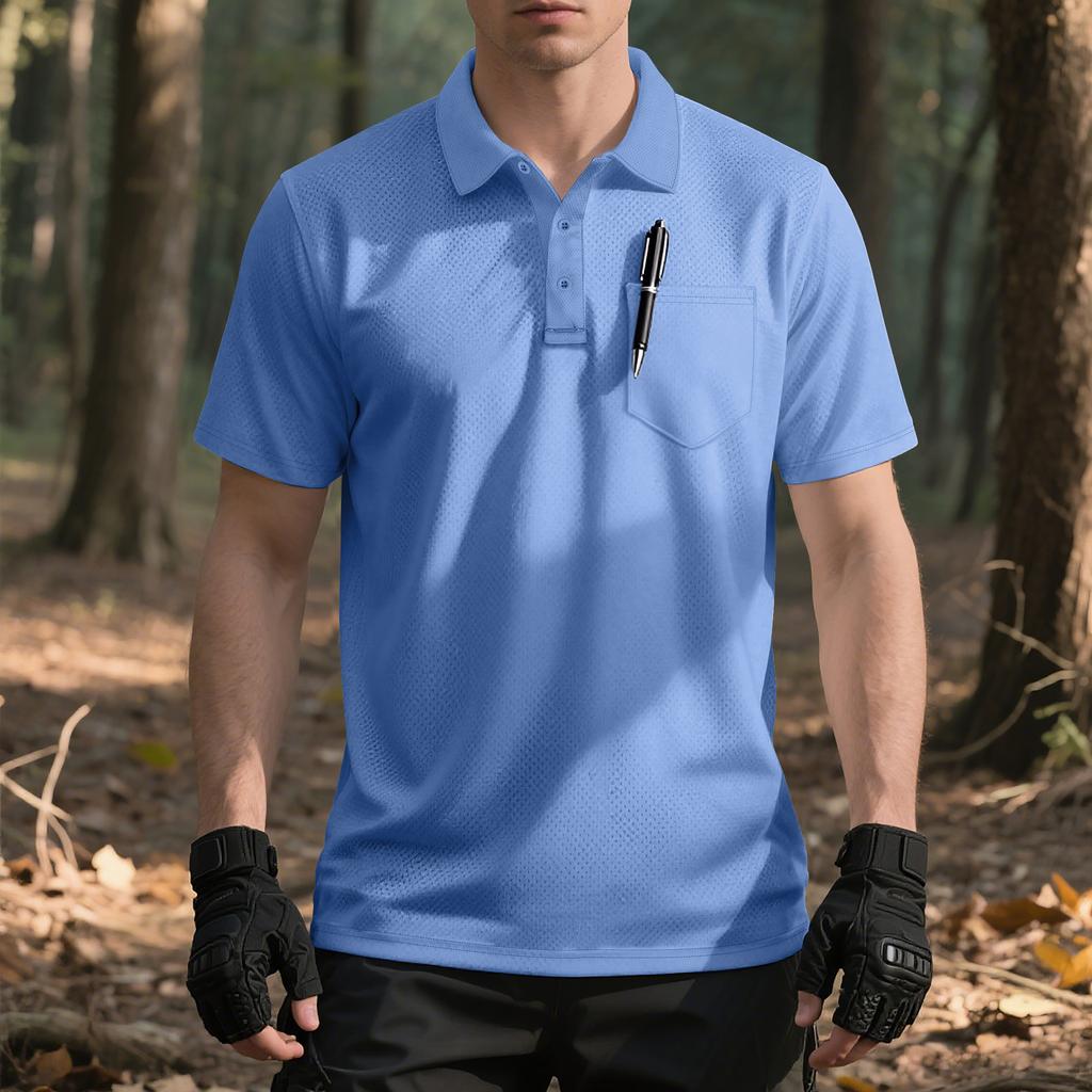 European and American Men's Summer Solid Color Lapel Loose Quick-drying Outdoor Tactical Pocket Short-sleeved Bird's Eye POLO Shirt T-shirt Men