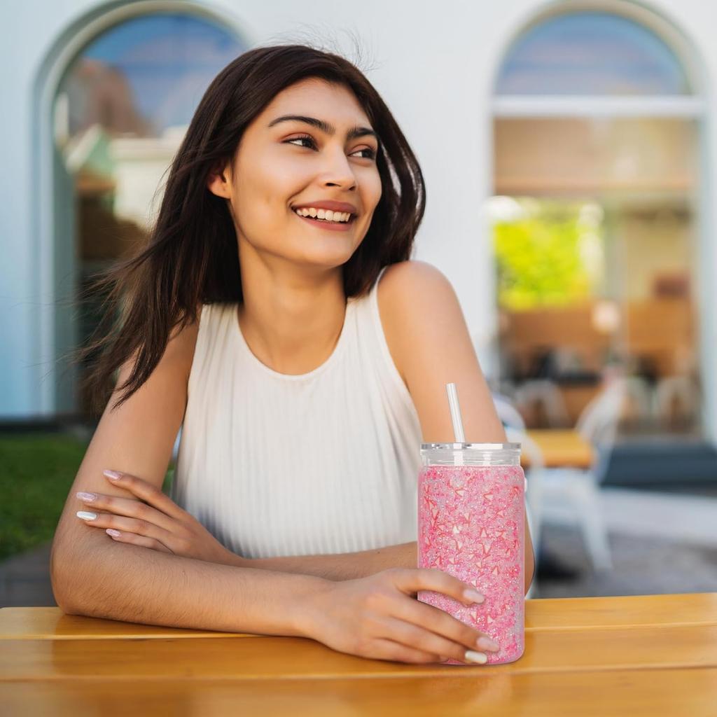 8 Pack plastic Snow Globe Tumbler, 16 Oz Double Wall Plastic Can with Lid and Straw, Plastic Mason Jar Mug for Snow Globe Glitter DIY Gift (Clear)