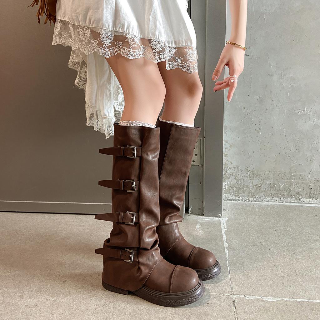 Boots Women's Coarse Heel Pants Boots British Vintage Knight Boots Fried Street Spice Girl Skinny Wasteland Wind Belt Buckle Boots