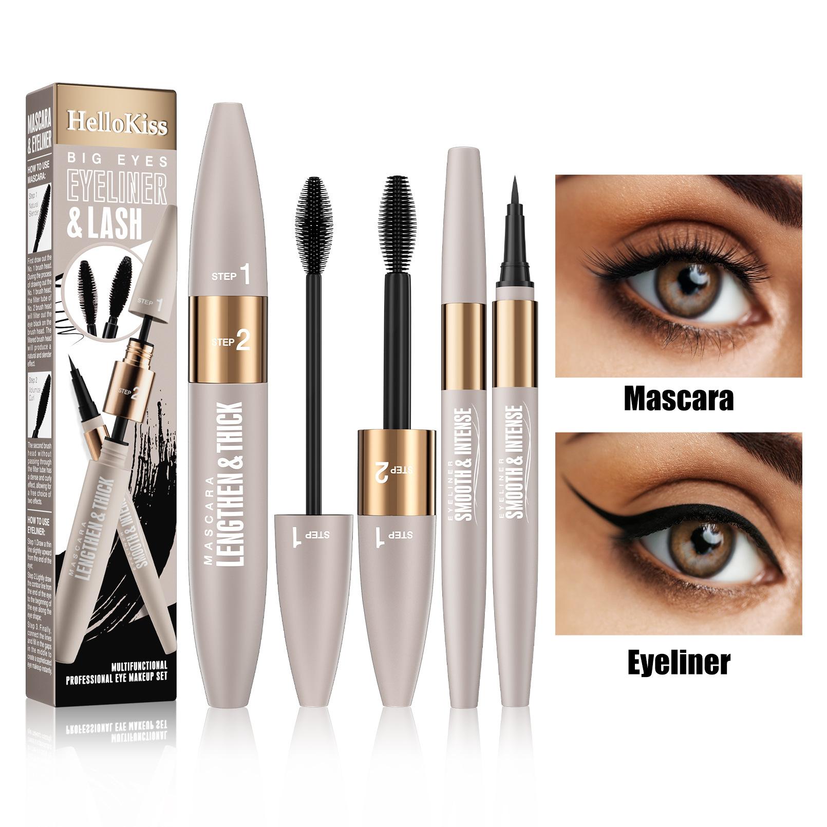 Double Effect Mascara Set, Waterproof Natural Curled Eye Mascara Combination 9ml+1ml