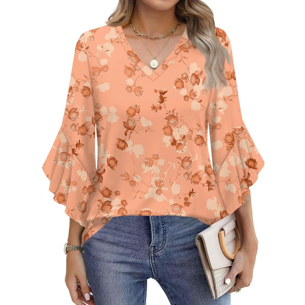 Women's Fashion Casual Seven-minute Sleeve Vintage Floral Print Top V-neck T-shirt Flared Sleeve Shirt