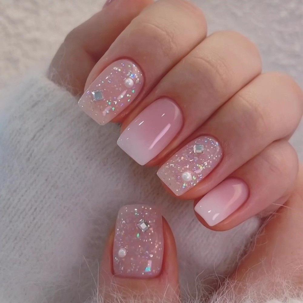 24Pcs Short French Tip False Nails Shimmer Ballet Nail Art Full Cover Sheer Press On Manicure Tips For Girls Daily Wear
