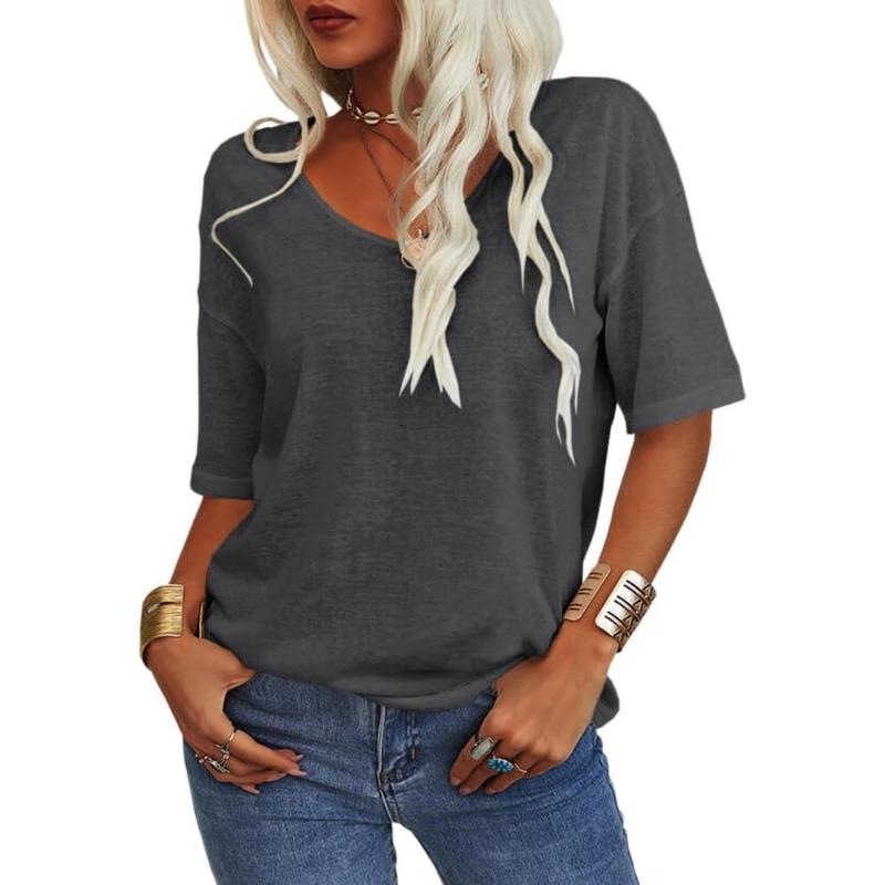 Women Light Blue V Neck Short Sleeve T Shirt Loose Fit Casual Summer Basic Top