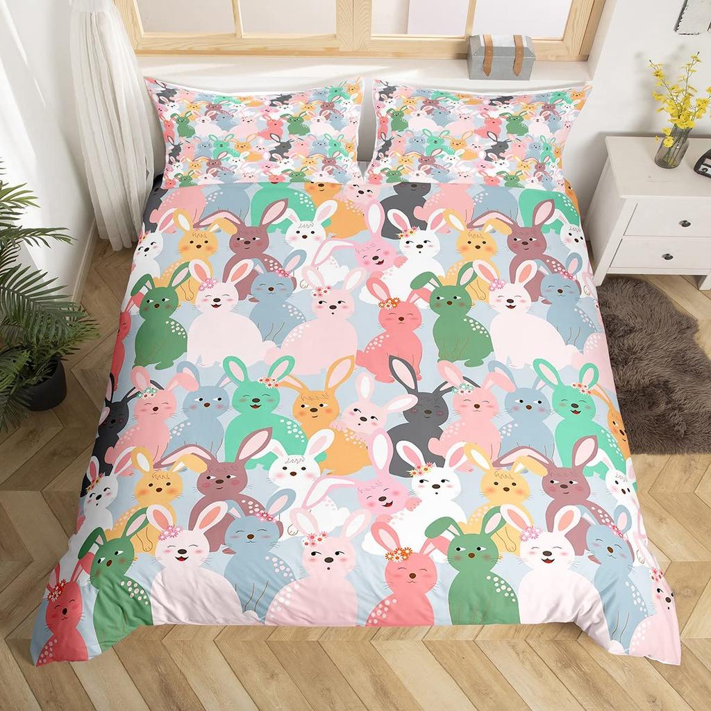 Cartoon Rabbit Duvet Cover Twin Cute Animal On The Moon Quilt Cover Microfiber Cloud Galaxy Space Bedding Set for Boy Girl Gift