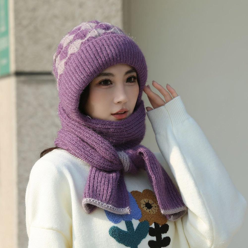 

Casual Windproof Knitted Hat Scarf Neck Warmer Thickened Ear Protection Cap Winter Warm Beanie Hat for Women фіолетовий