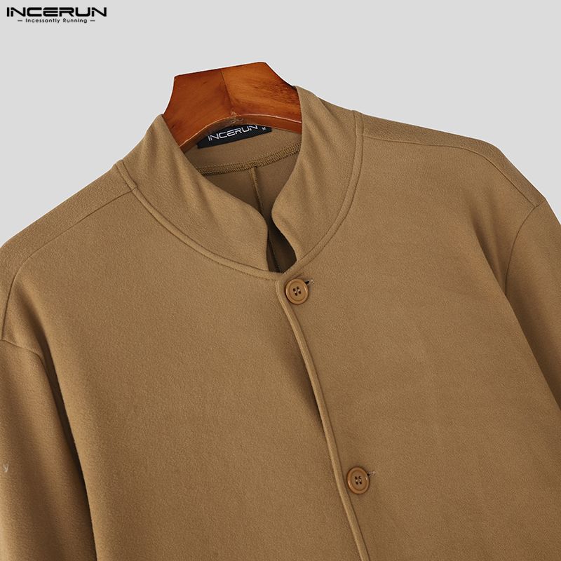 INCERUN Men Stand Neck Patchwork Long Sleeve Buttons High Splits Long Cardigan Coats