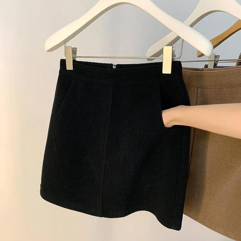 Simplicity Office Lady Autumn Winter Woolen Women Thicken Solid Zipper Pocket Vintage Fashion High Waist Short Slim A-line Skirt