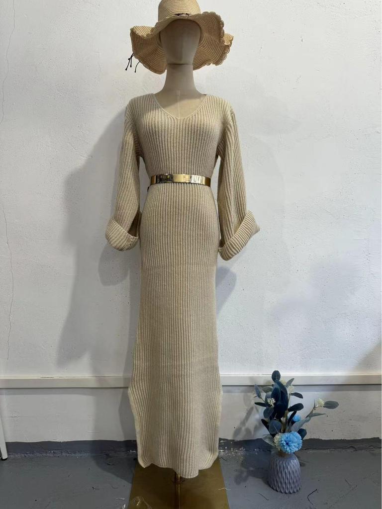 2024 Herbst/Winter Schlankes V-Ausschnitt Strickkleid - Neuer Modischer Intellektueller Stil